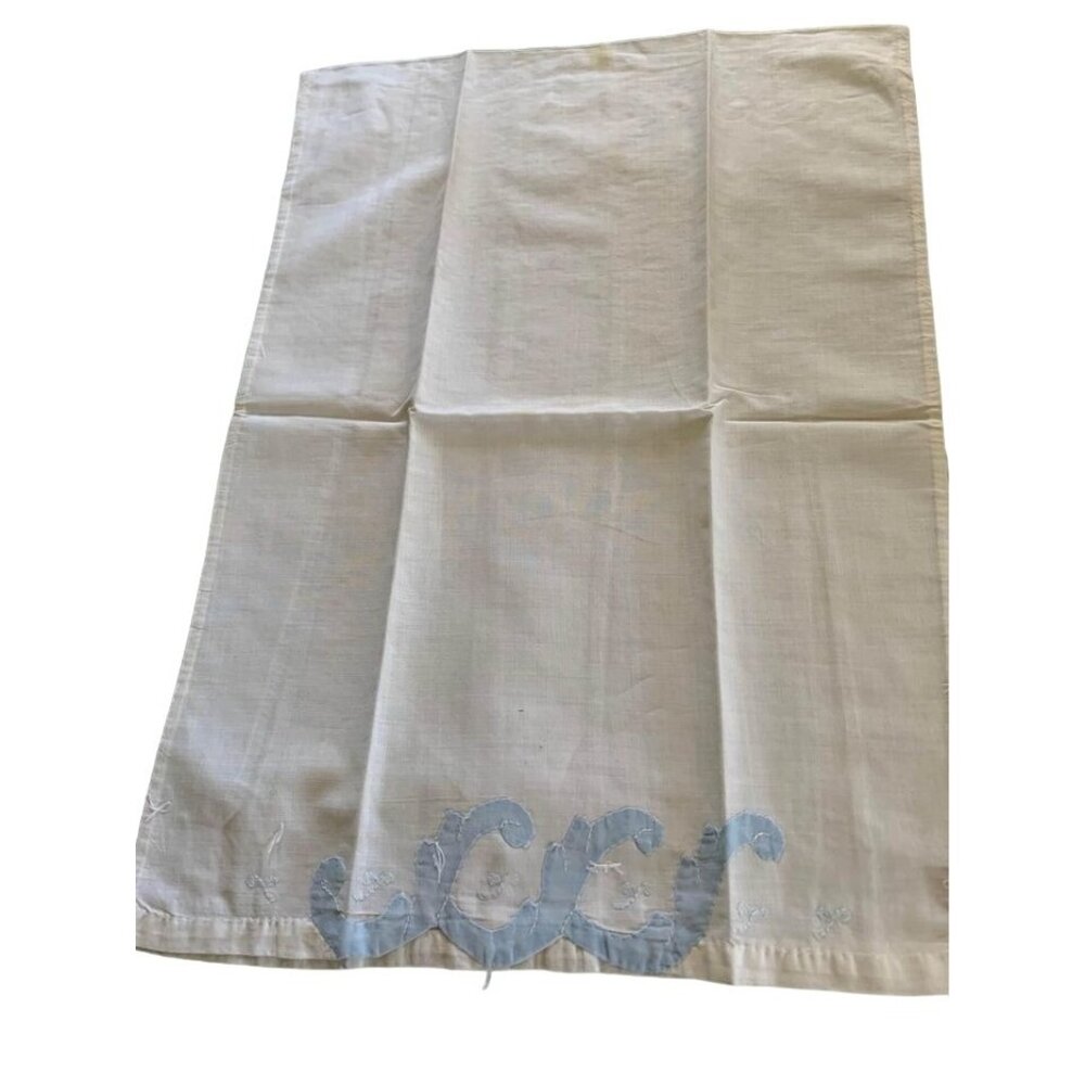 Vintage Blue Appliqué Pillowcase 12 x 17" White Cotton Embroidered Rectangular